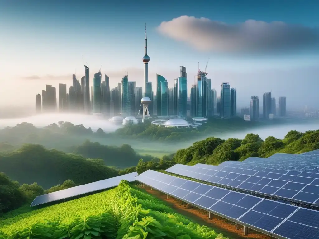 Horizonte urbano futurista con rascacielos verdes y paneles solares, simbolizando la inversión sostenible en veganismo