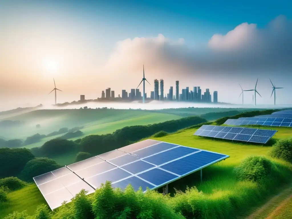 Un horizonte urbano futurista y sostenible con vegetación, paneles solares y vehículos eléctricos, promoviendo el veganismo y la transición energética