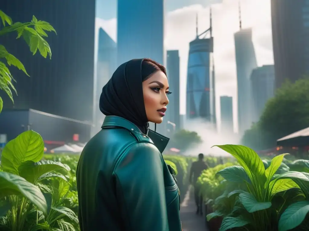 Un horizonte urbano futurista y vibrante con rascacielos elegantes, rodeados de exuberante vegetación
