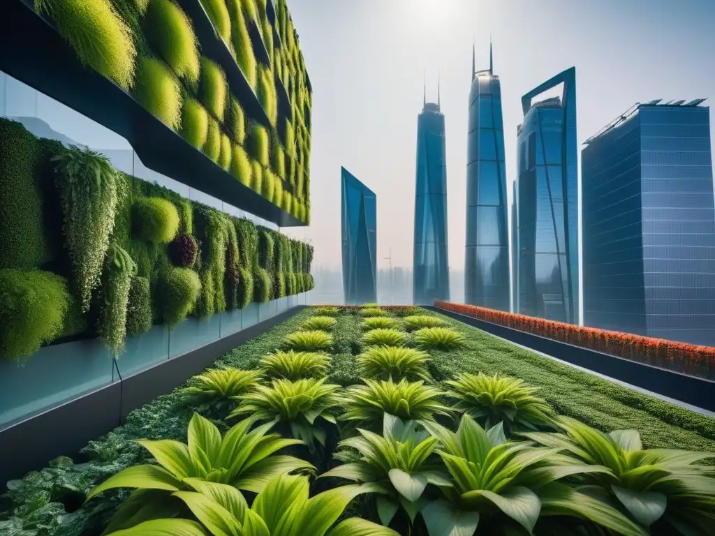 Horizonte urbano vibrante y moderno con rascacielos futuristas cubiertos de vegetación, simbolizando la inversión sostenible en veganismo