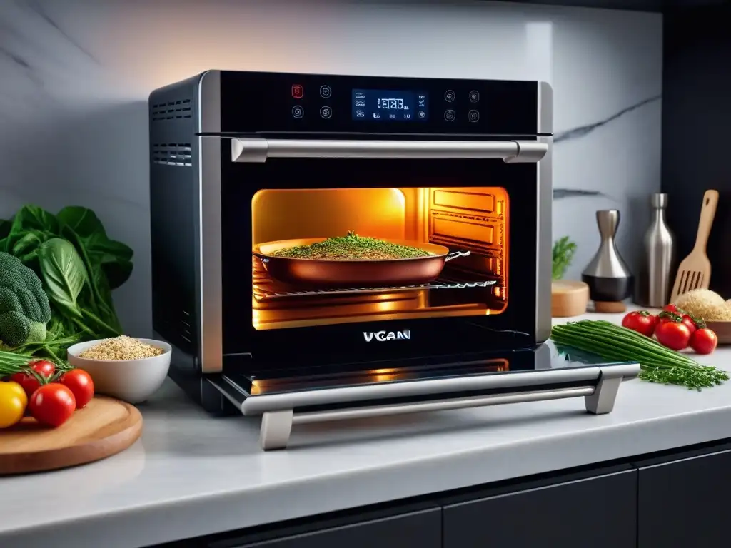 Un horno inteligente vegano avanzado brilla con luz suave en una cocina minimalista y moderna