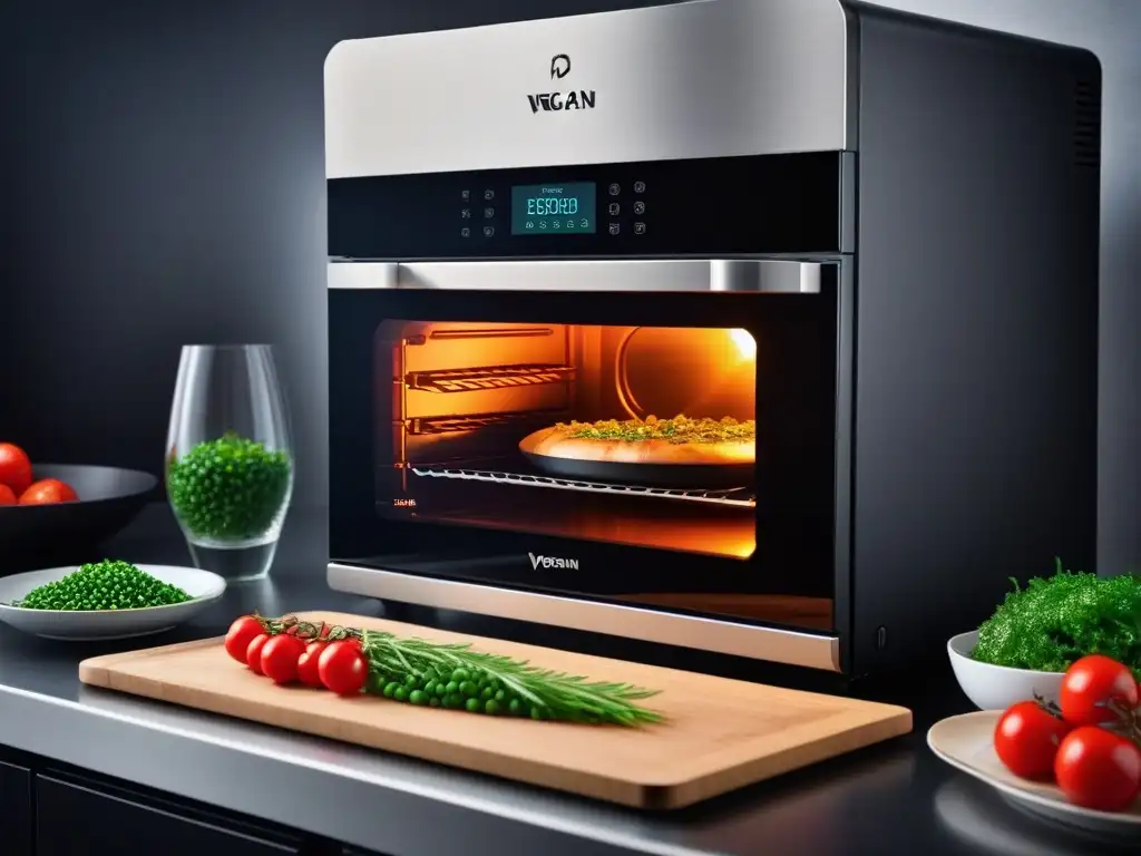 Un horno inteligente vegano avanzado con diseño futurista cocinando platos vegetales en un entorno de cocina de alta tecnología