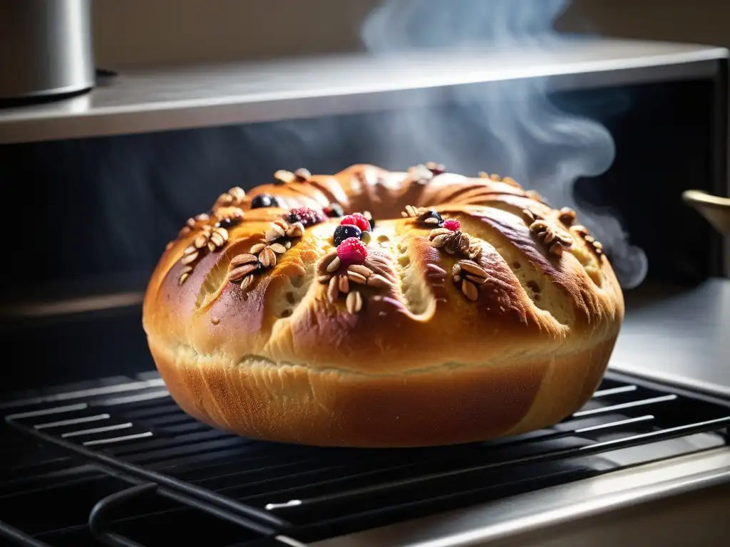 Del horno, pan dulce vegano dorado con frutos secos y frutas secas, rodeado de bayas frescas y hierbas aromáticas en una cocina cálida y acogedora