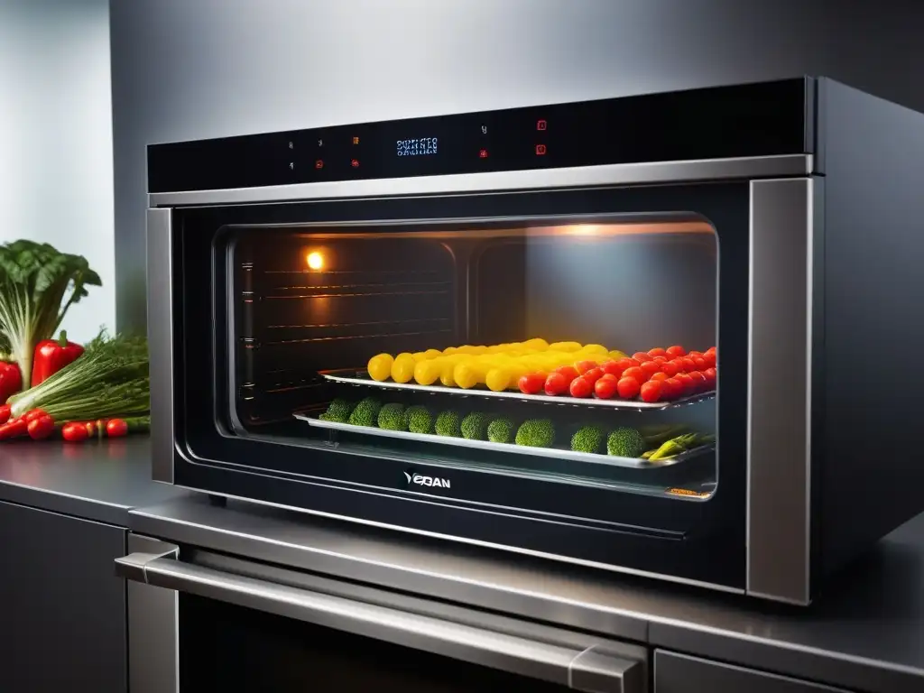 Un horno de vapor de acero inoxidable con verduras coloridas y vibrantes siendo cocidas a la perfección