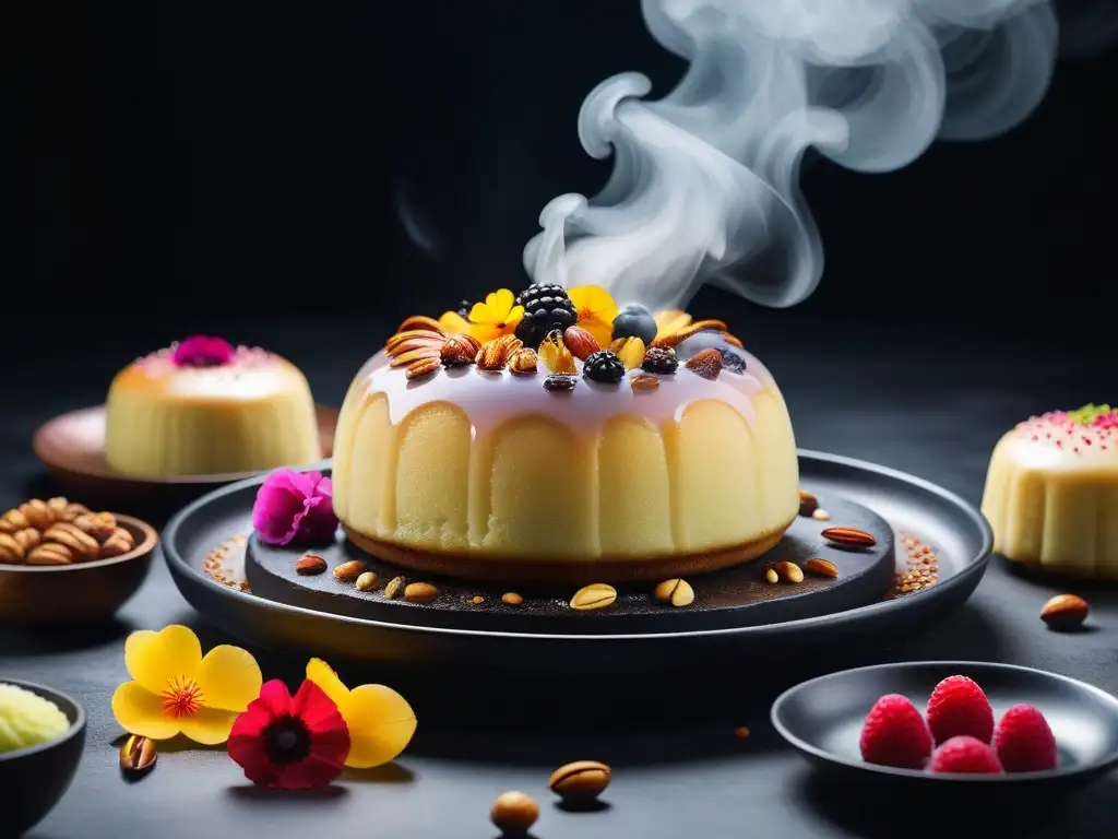 Un horno de vapor repleto de postres veganos al vapor exquisitamente decorados con frutas frescas, nueces y flores comestibles