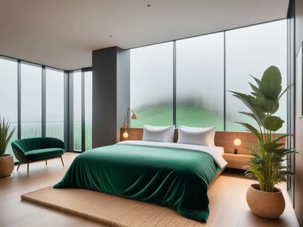 Suite vegana de lujo en hotel eco en Europa Habitación de hotel elegante en un hotel vegano de Europa, con diseño moderno y sostenible