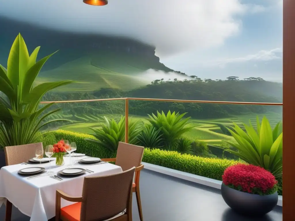 Habitación de hotel vegano todo incluido con decoración eco y menú gourmet, balcón con vista al paisaje verde