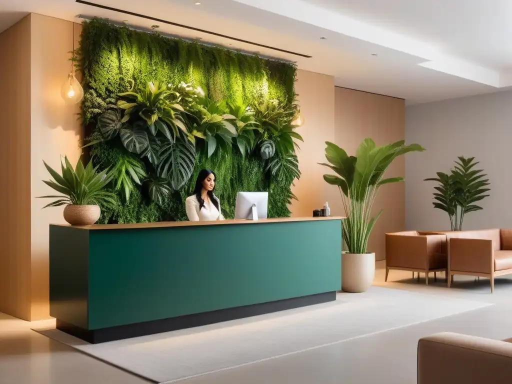 Hoteles boutique veganos para escapadas: lobby sofisticado con recepción chic y pared de plantas verdes, ambiente acogedor