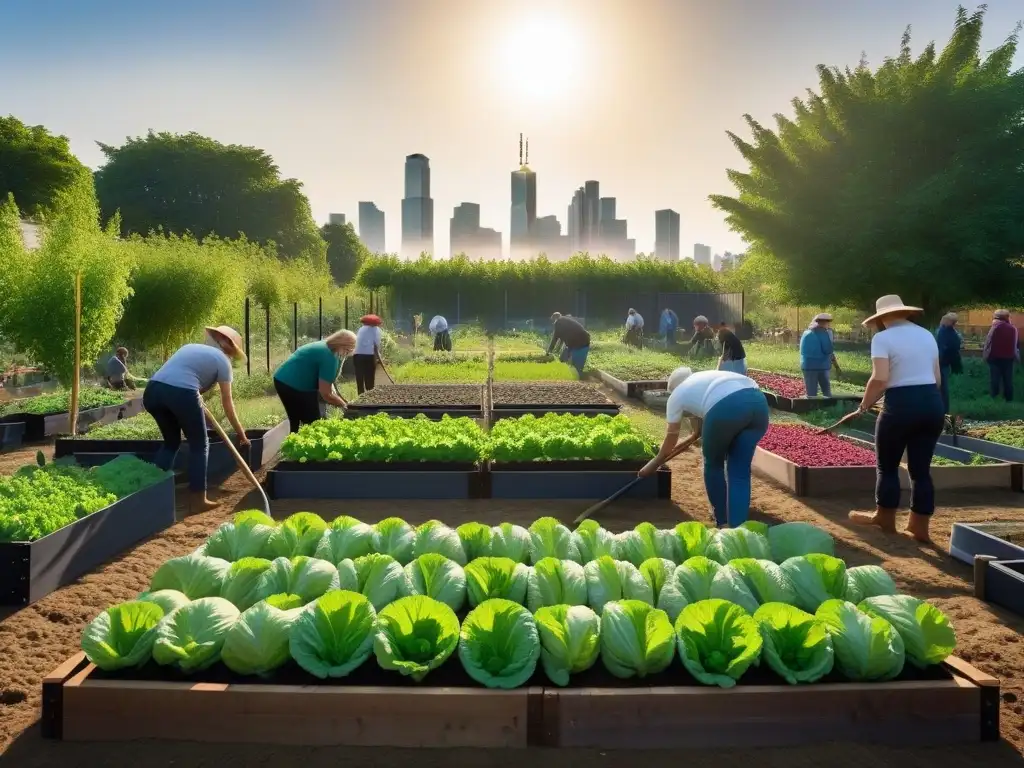 Un huerto comunitario vibrante y bullicioso, donde se cultivan frutas y verduras en armonía