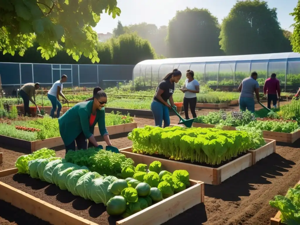 Un huerto comunitario vibrante y moderno, lleno de vegetales y frutas coloridas, con gente diversa trabajando juntos