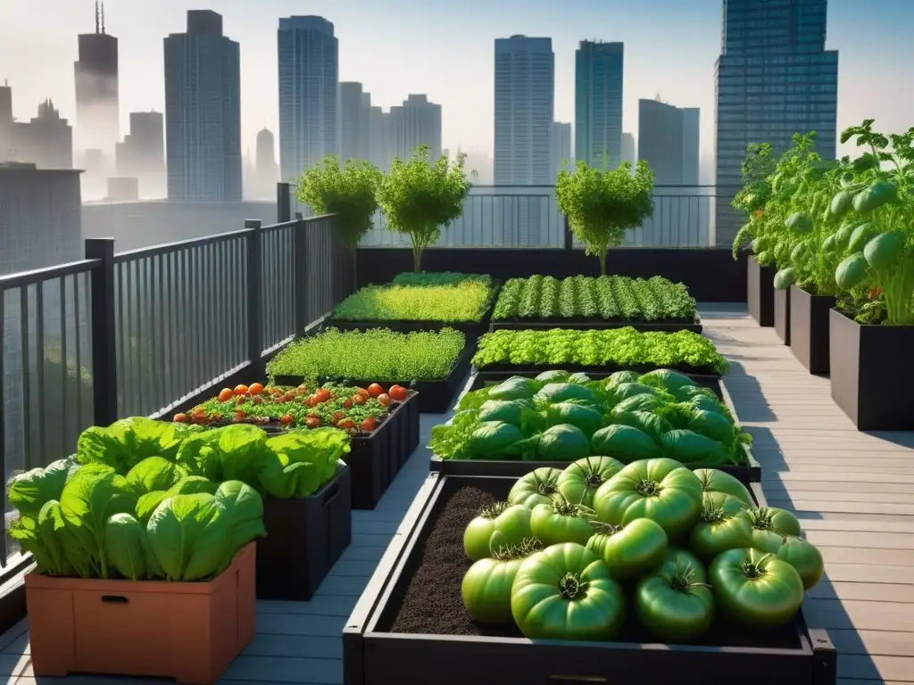 Un huerto urbano para cocina vegana en un balcón soleado, con verduras, tomates y hierbas en macetas organizadas, rodeado de edificios altos