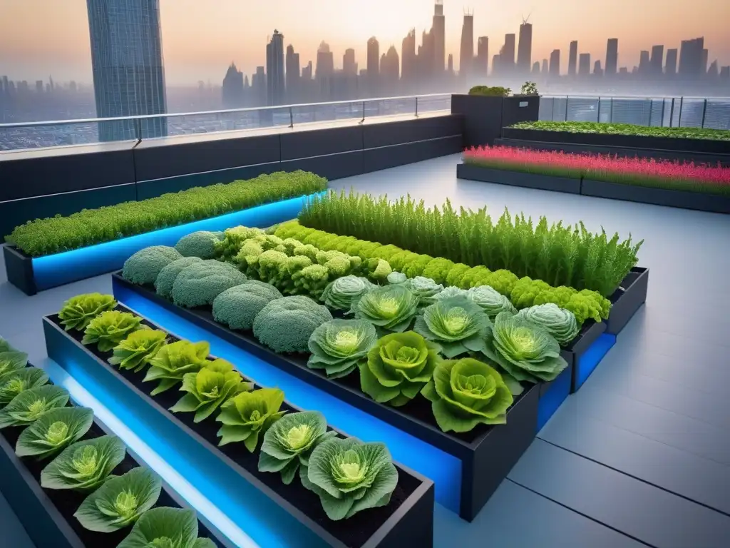 Huerto urbano para cocina vegana en moderna terraza con plantas verdes y ciudad de fondo