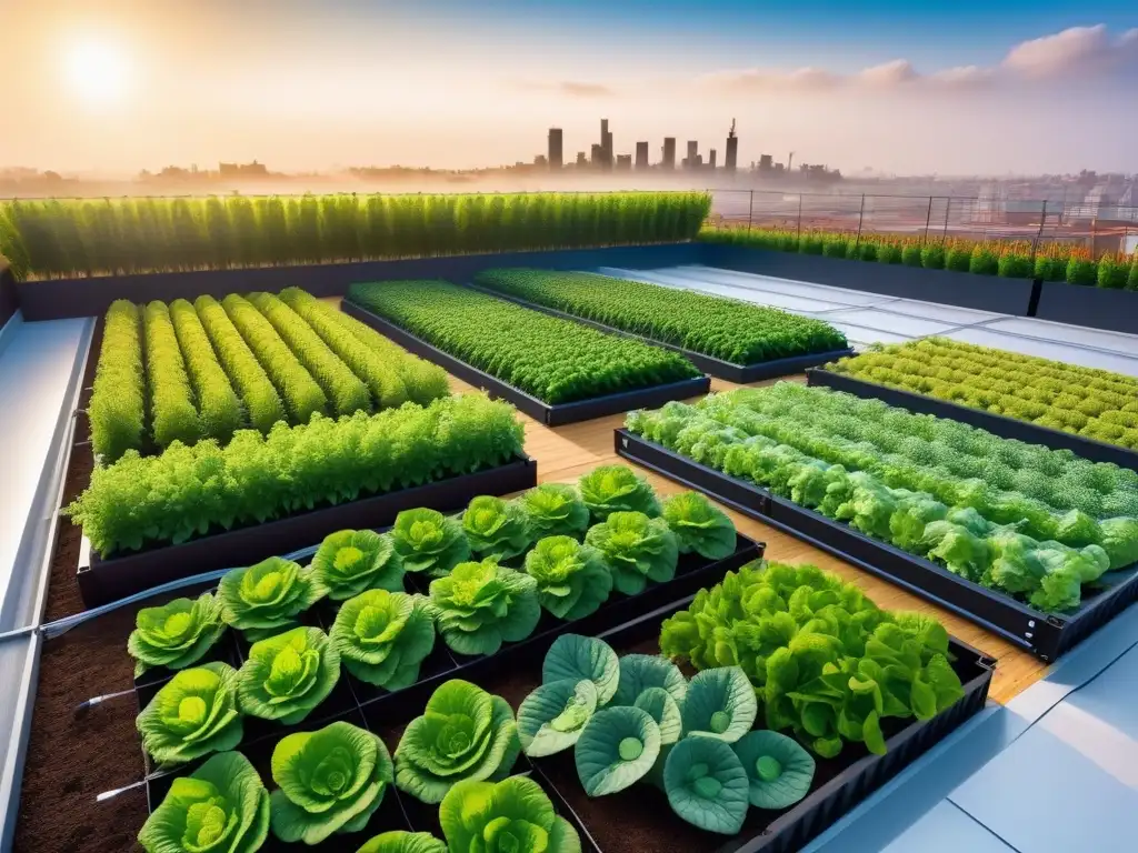 Un huerto urbano lleno de vegetales verdes y frutas coloridas, con sistemas de riego sostenible y herramientas ecofriendly, bañado en luz dorada