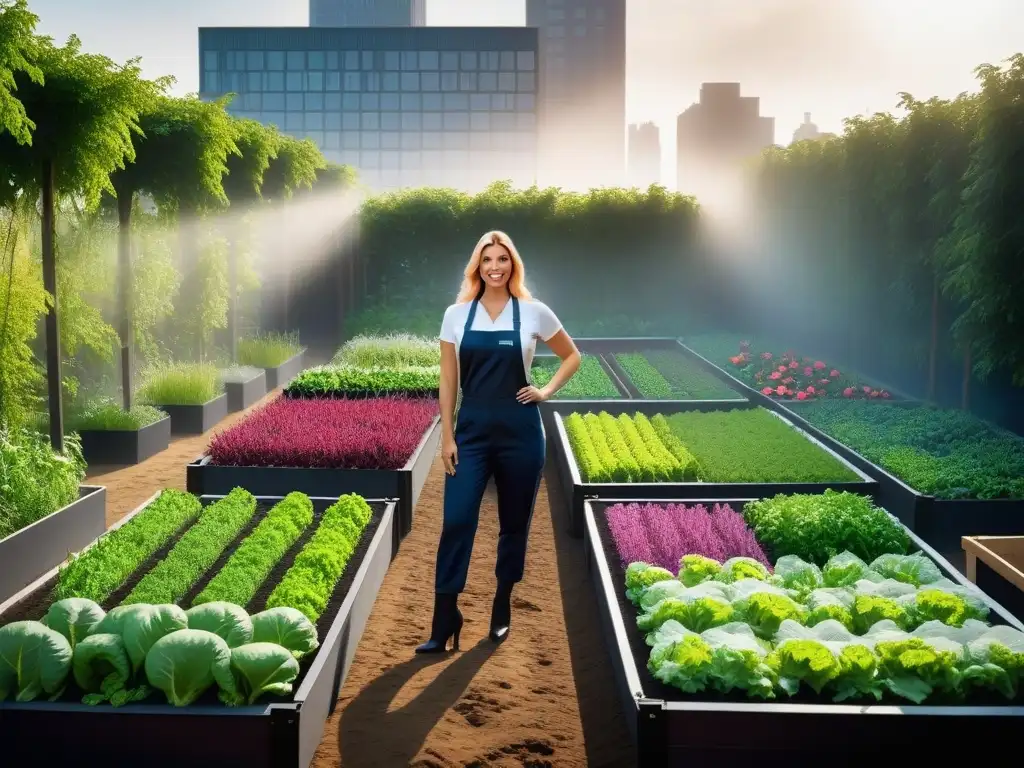 Un huerto urbano vibrante con vegetales y flores en la ciudad