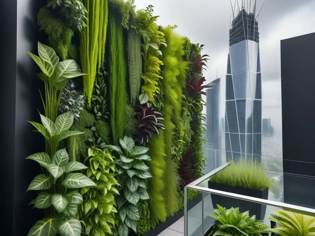 Un huerto vertical para apartamentos veganos: una escena urbana con un jardín vertical moderno y vibrante, fusionando naturaleza y ciudad