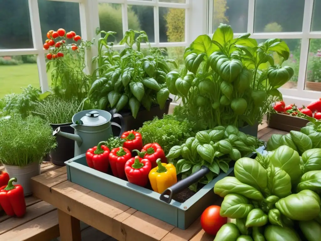 Un huerto vibrante y exuberante con verduras y hierbas frescas, organizadas en camas elevadas bajo la cálido sol