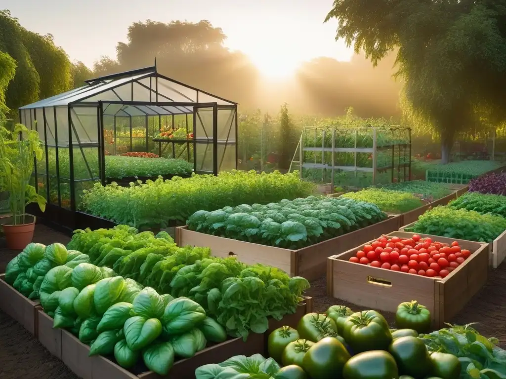 Un huerto vibrante y moderno con una variedad de vegetales coloridos como tomates maduros, pimientos y hierbas frescas al atardecer