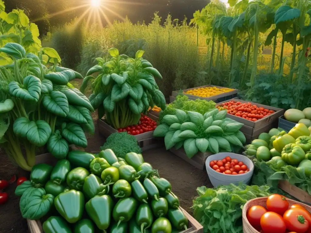 Un huerto vibrante rebosante de hortalizas coloridas y maduras como tomates, pimientos, verduras y berenjenas