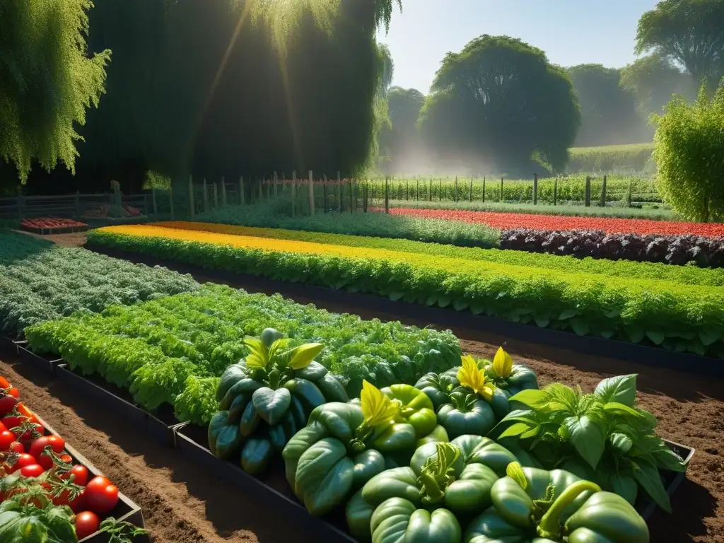 Un huerto vibrante con verduras, tomates y hierbas, bajo el sol brillante