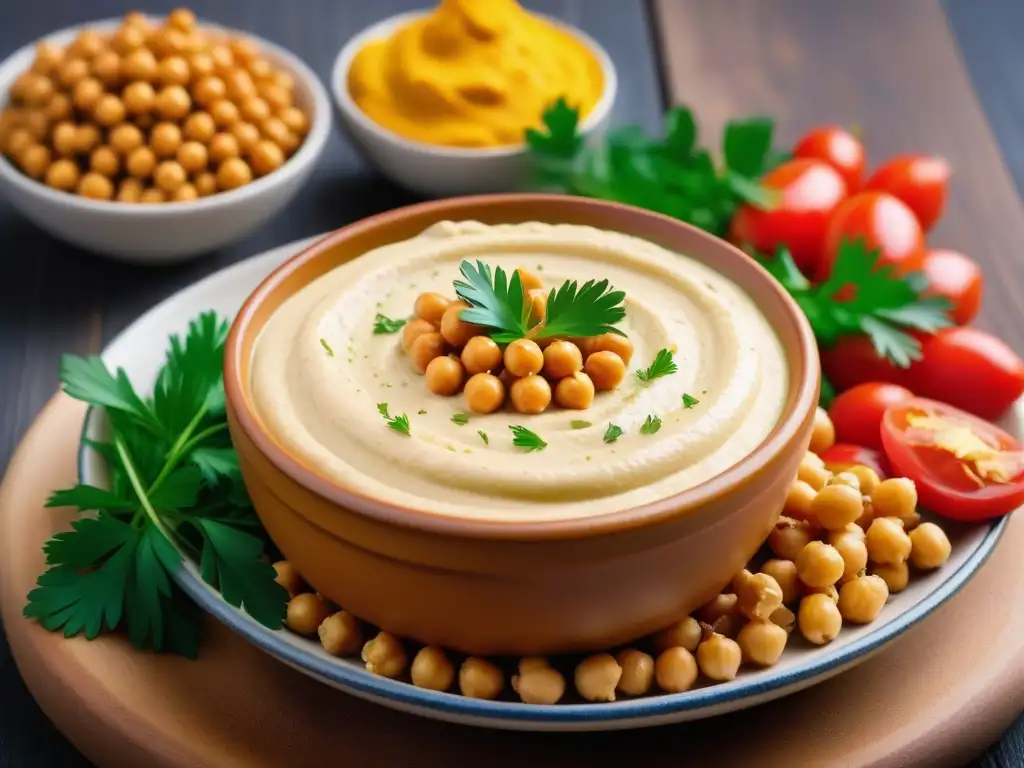 Un hummus vegano exquisitamente aderezado, en un elegante bol blanco sobre una mesa de madera inspirada en el Mediterráneo