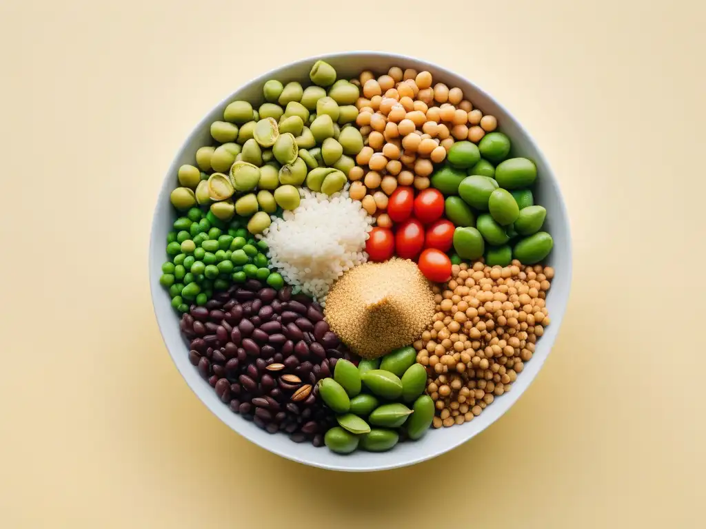 Una ilustración detallada de fuentes de proteínas veganas equilibradas como lentejas, garbanzos, quinoa y tofu, con diseño moderno y vibrante