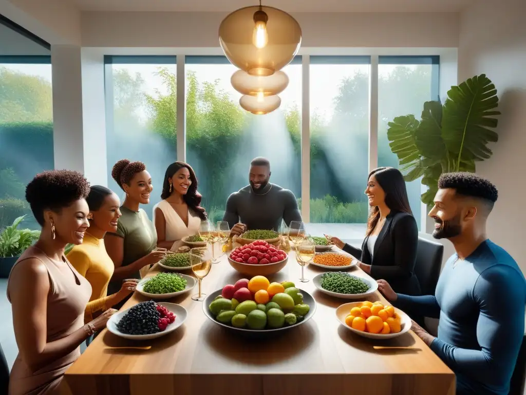 Una ilustración detallada de grupo diverso disfrutando de una comida vegana rica en calcio en comedor moderno con abundante vegetación