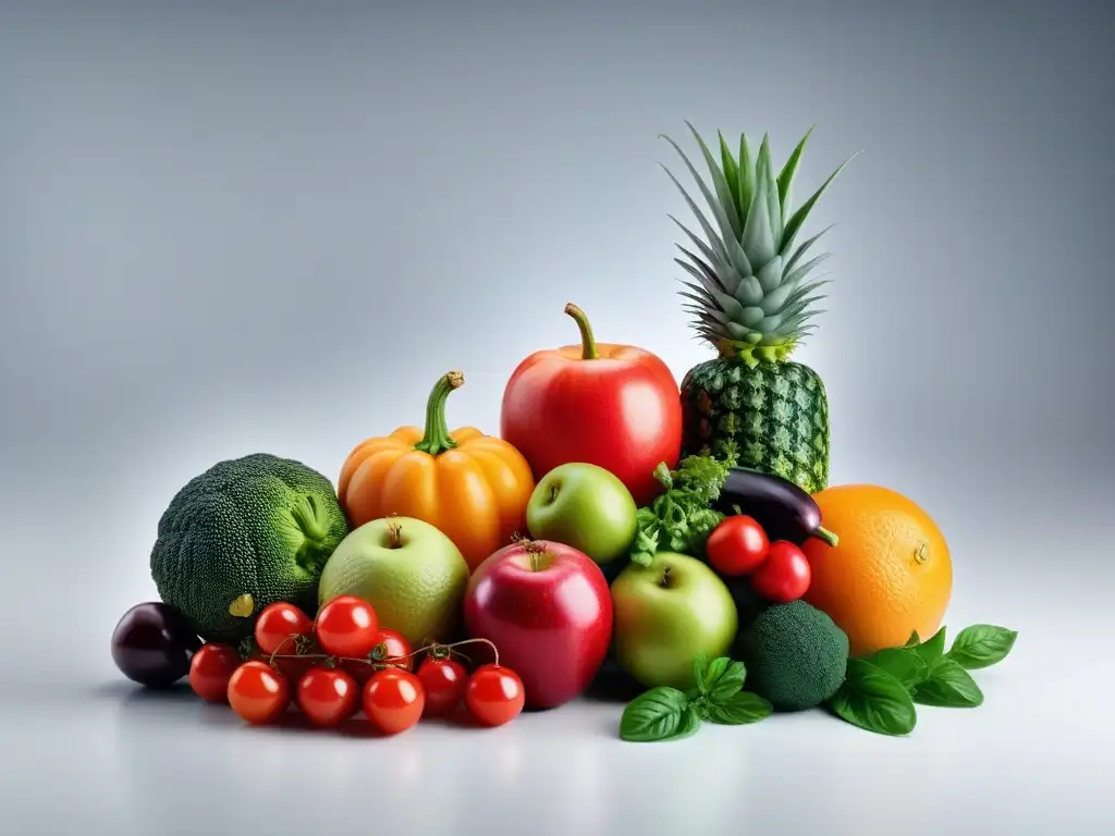 Una ilustración detallada y moderna resalta la frescura y diversidad de frutas y verduras, destacando la importancia de las certificaciones en la nutrición vegana