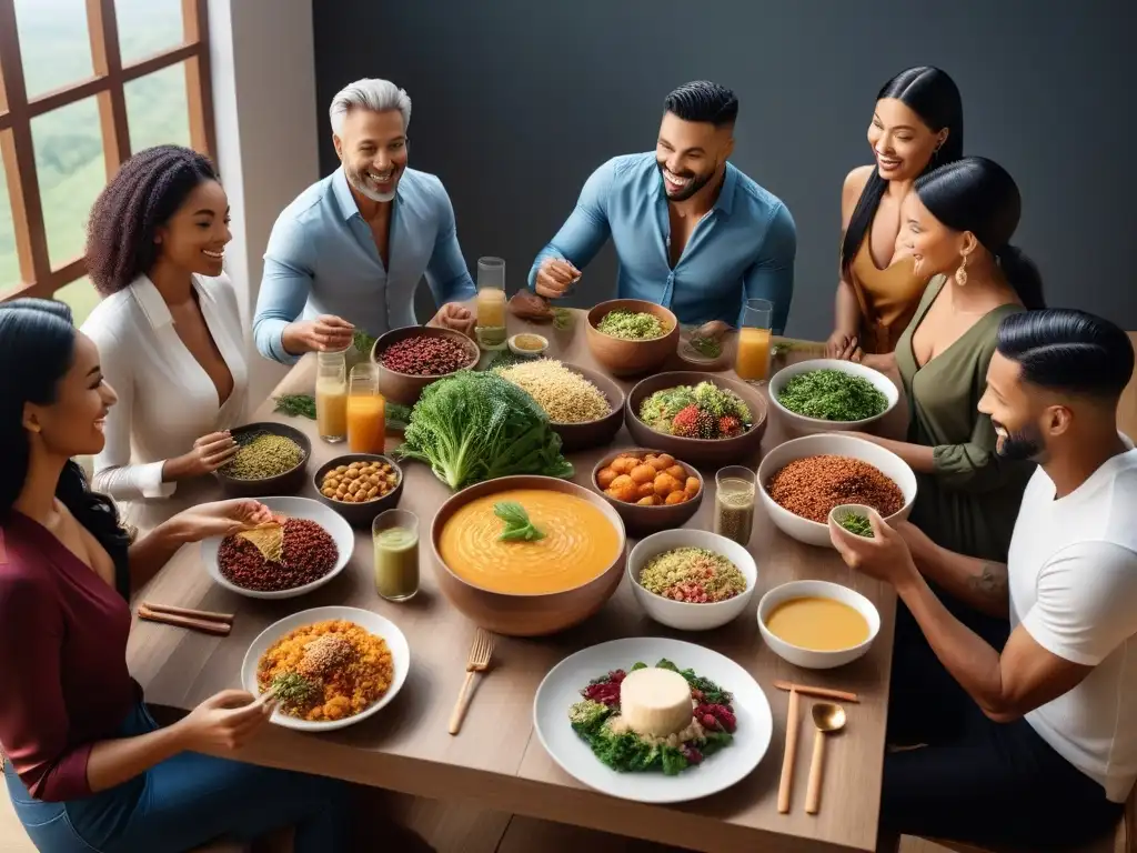 Una ilustración detallada y moderna de personas diversas disfrutando de una comida con alimentos veganos ricos en probióticos, transmitiendo comunidad y elecciones saludables