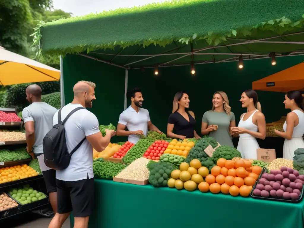 Una ilustración detallada y realista de un grupo diverso con alergias alimentarias en un animado mercado vegano