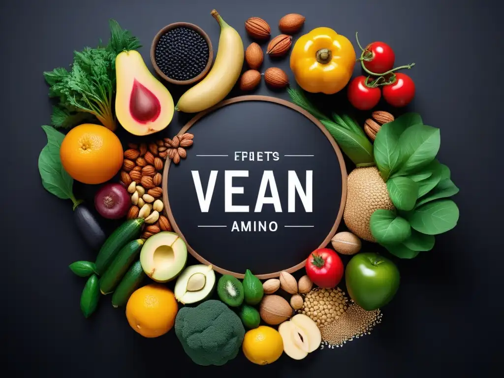 Una ilustración detallada y vibrante de alimentos vegetales variados, simbolizando una dieta vegana equilibrada con beneficios de aminoácidos