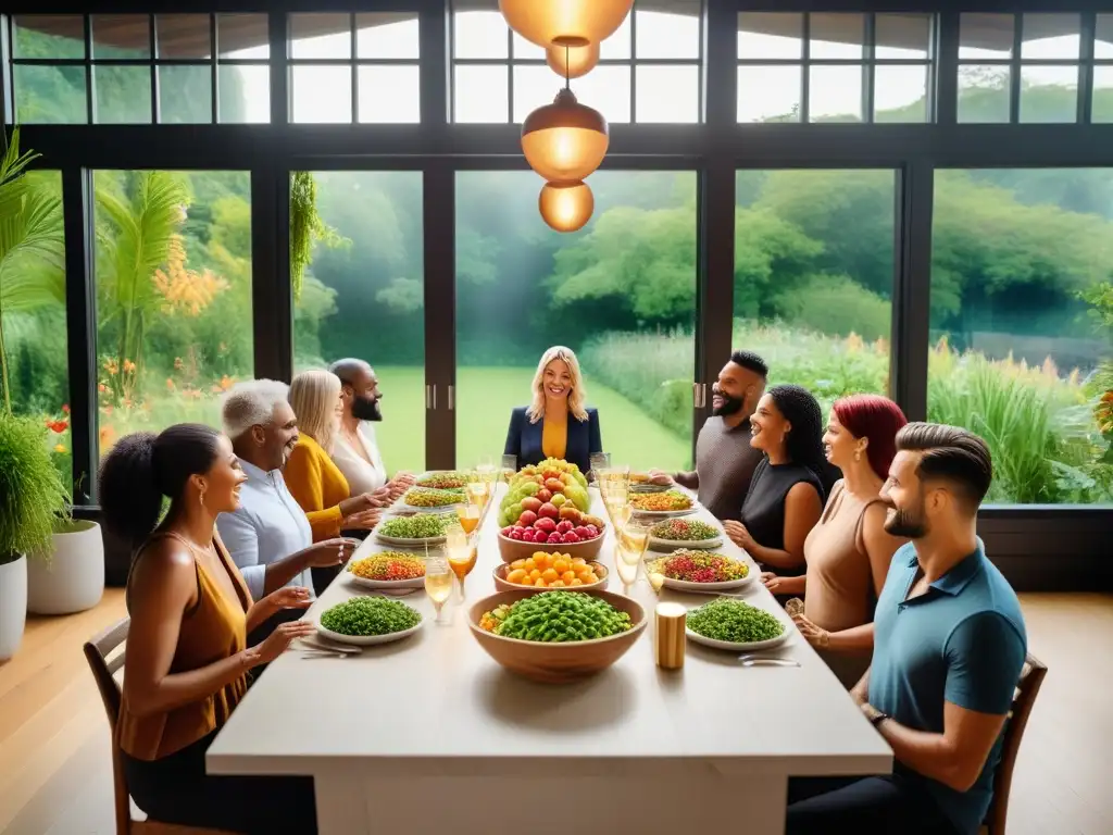 Una ilustración detallada y vibrante de diversidad en la mesa, con personas disfrutando de una comida vegana abundante