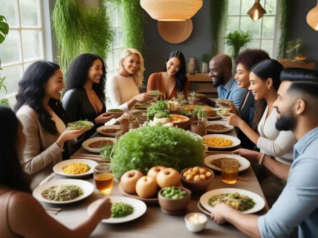 Una ilustración detallada y vibrante de diversidad cultural, con gente disfrutando de una comida vegana en un comedor acogedor lleno de plantas