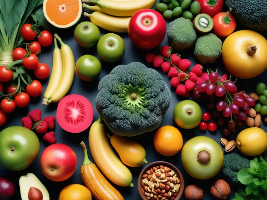 Una ilustración detallada y vibrante de frutas, verduras, frutos secos y granos en equilibrio nutricional en cocina vegana