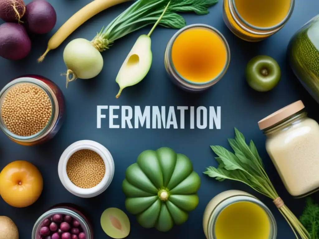 Una ilustración moderna detallada de frutas, verduras y granos en fermentación, con colores vibrantes y texturas, exudando innovación y sostenibilidad