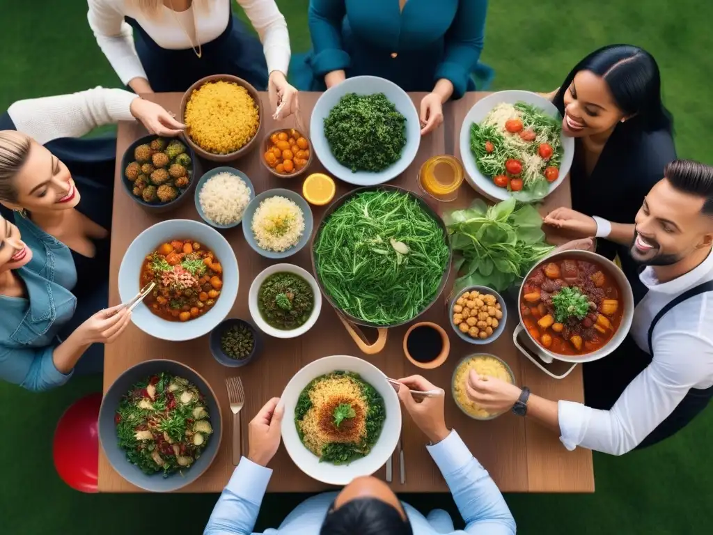 Una ilustración moderna y vibrante que muestra una comunidad diversa disfrutando de una comida vegana en armonía