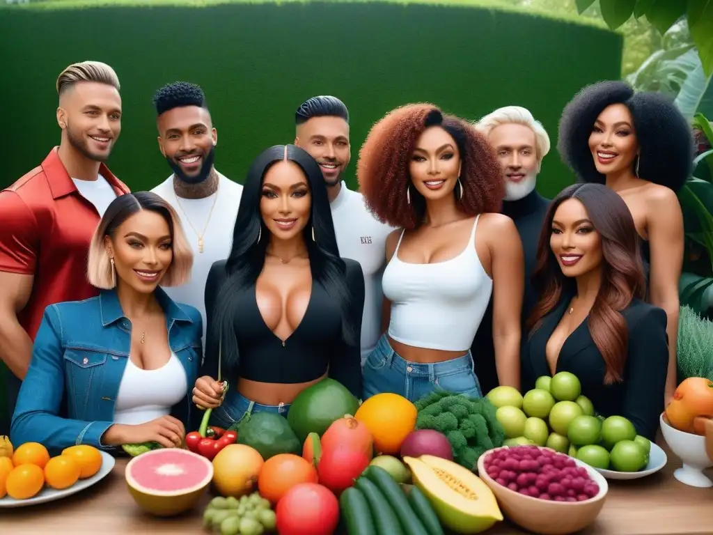 Una ilustración moderna y vibrante de un grupo diverso disfrutando de alimentos vegetales ricos en aminoácidos en un jardín vegano