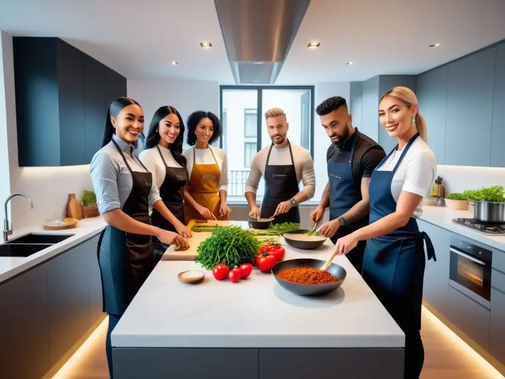 Una ilustración moderna y vibrante de personas diversas cocinando recetas veganas ancestrales en una cocina contemporánea