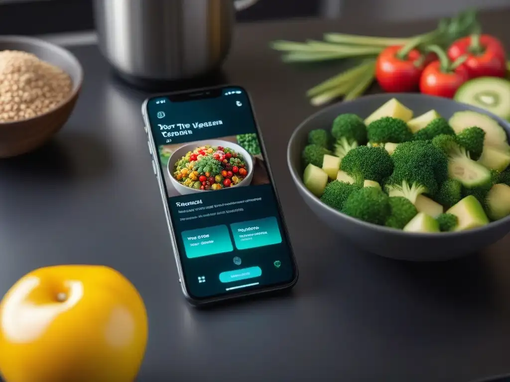 Una imagen de alta resolución de una aplicación de dieta vegana personalizada en un smartphone elegante y vibrante
