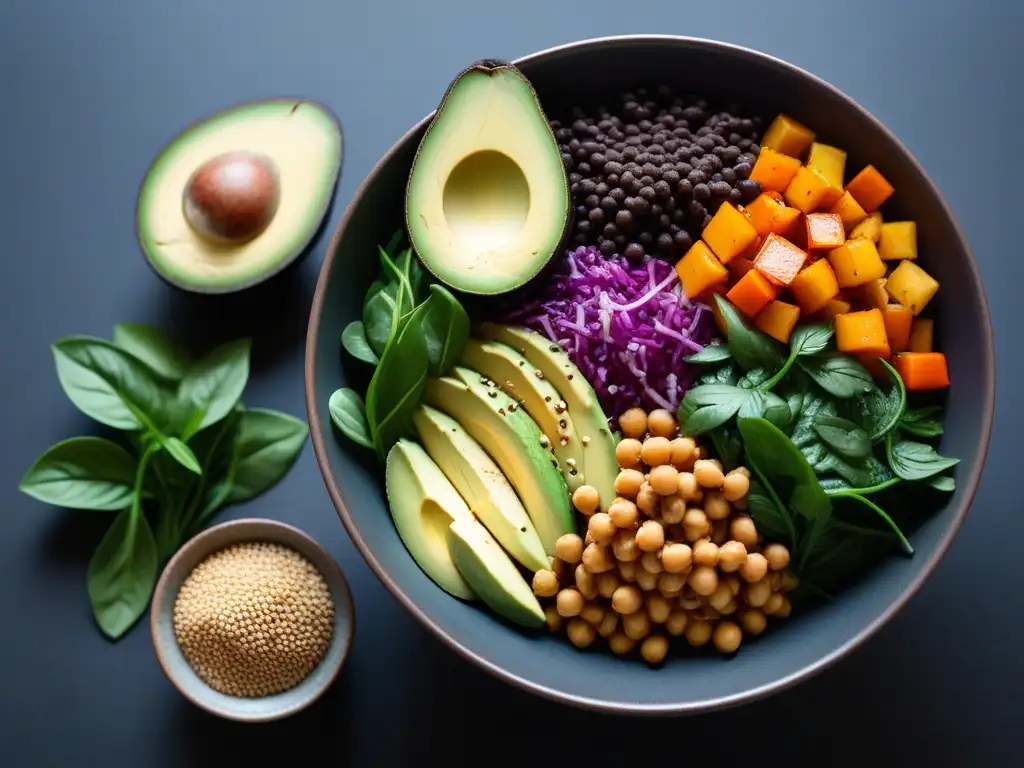 Una imagen de un bowl Buddha colorido y lleno de ingredientes veganos nutritivos como quinoa, vegetales asados, aguacate, garbanzos y verduras frescas