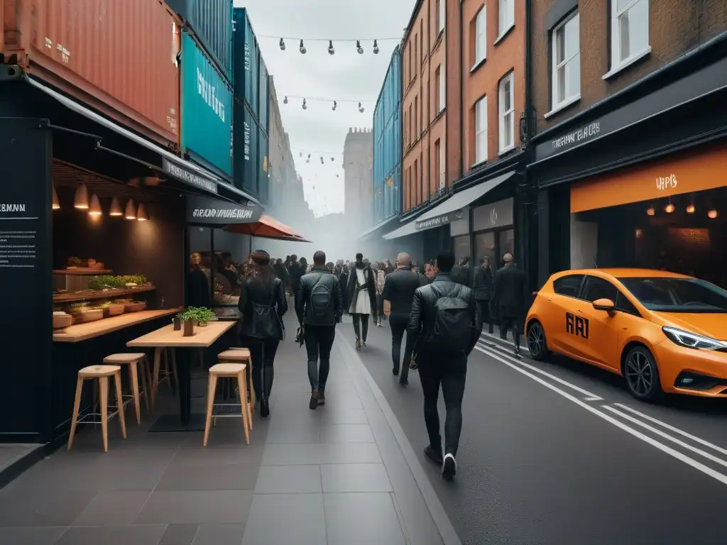 La imagen muestra una calle bulliciosa con restaurantes veganos modernos y menús de plantas, reflejando el impacto del veganismo en el mercado