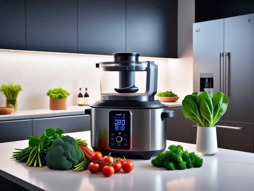 Una imagen de cocina moderna con equipos de sous vide y verduras en cocción a baja temperatura vegana