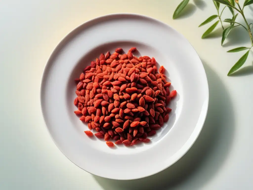 Imagen detallada de bayas de goji frescas en un plato blanco, rodeadas de plantas verdes