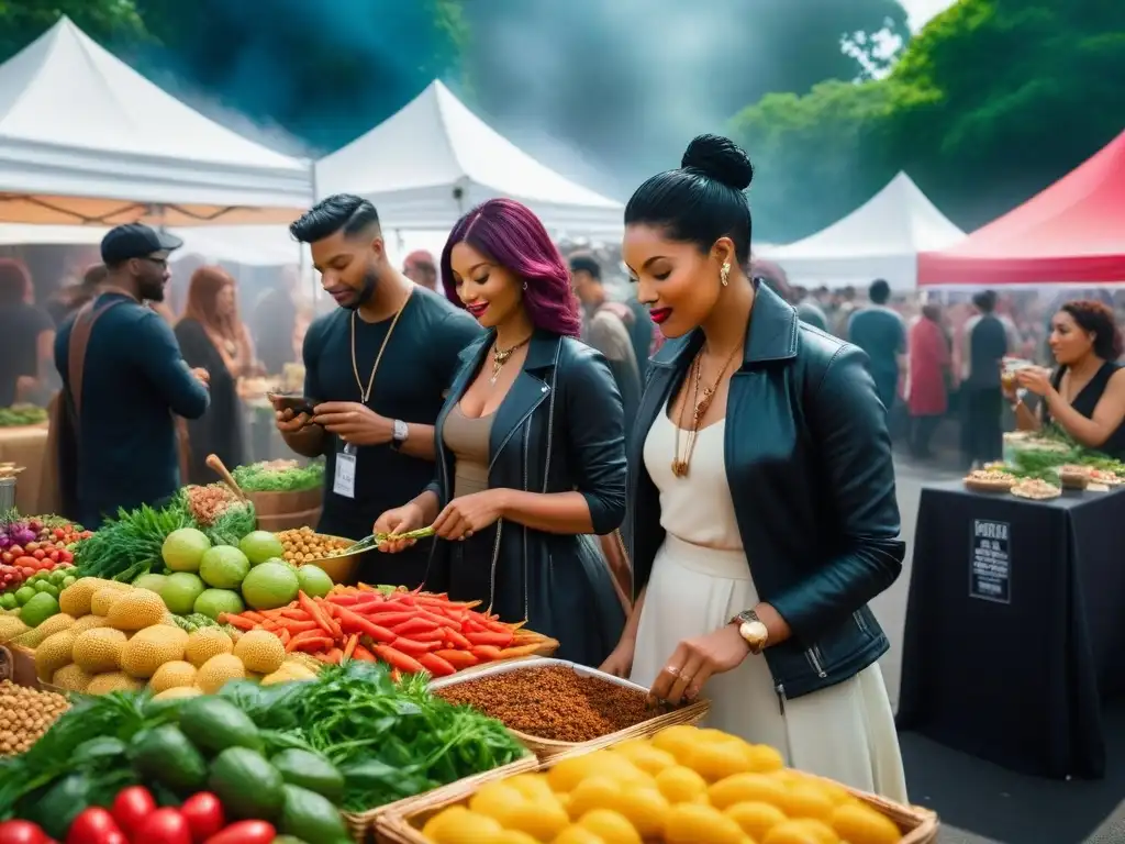 Imagen detallada de un bullicioso festival de comida vegana, con platos coloridos y gente diversa disfrutando de creaciones éticas