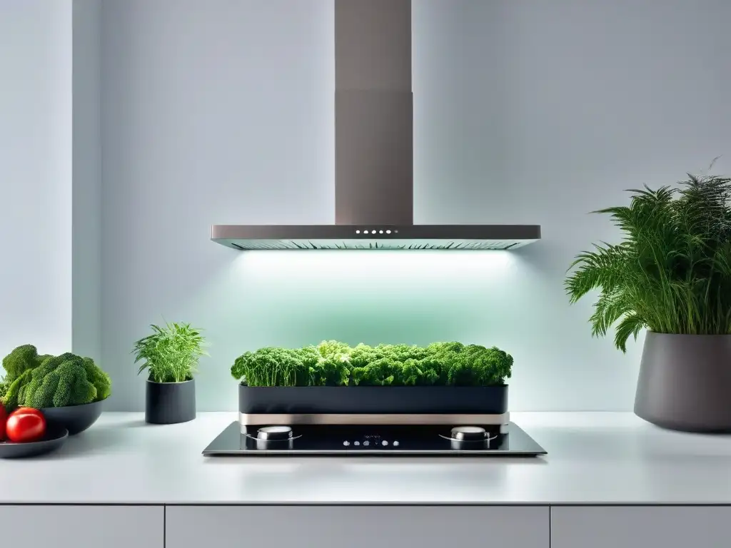 Imagen detallada de una cocina futurista con electrodomésticos veganos, diseño minimalista y revistas veganas recomendadas cocina