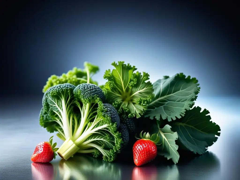 Una imagen detallada y colorida de frutas y verduras, resaltando su frescura y vitalidad