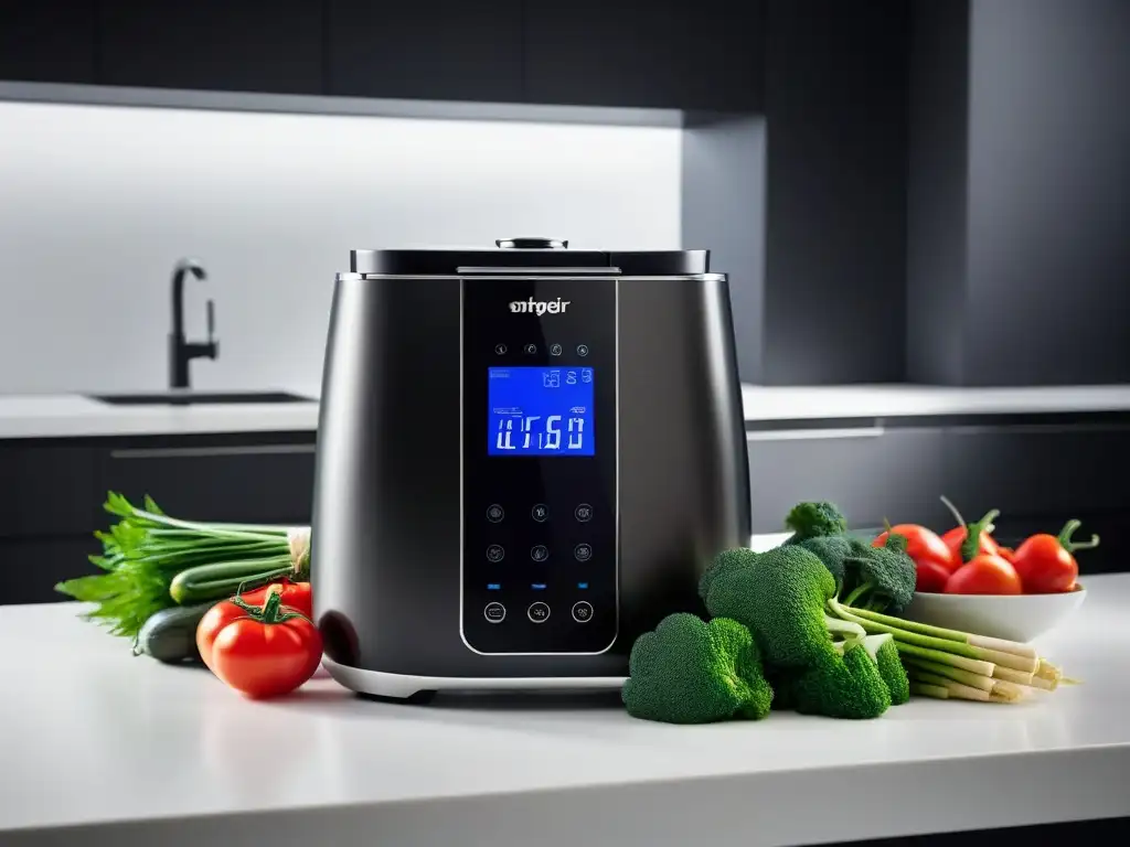 Una imagen detallada de una máquina sous vide de diseño futurista para cocción a baja temperatura vegana, rodeada de verduras frescas y coloridas en una cocina elegante y minimalista