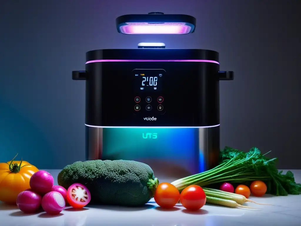 Una imagen detallada de una máquina de sous vide rodeada de vegetales frescos y coloridos, iluminada con un brillo futurista