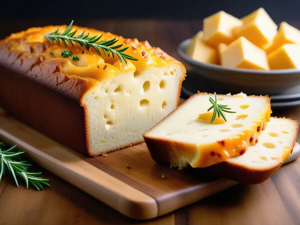 Imagen detallada de un pan de queso cheddar vegano recién horneado, con mantequilla sin lácteos y hierbas aromáticas