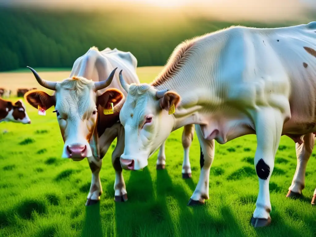 Imagen detallada de prado verde con vacas tranquilas pastando bajo cielo azul