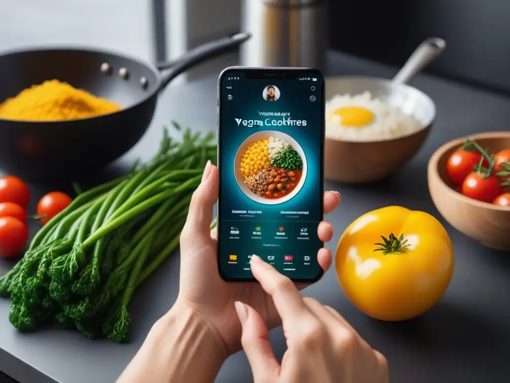 Una imagen detallada de un smartphone con una atractiva app de cocina vegana